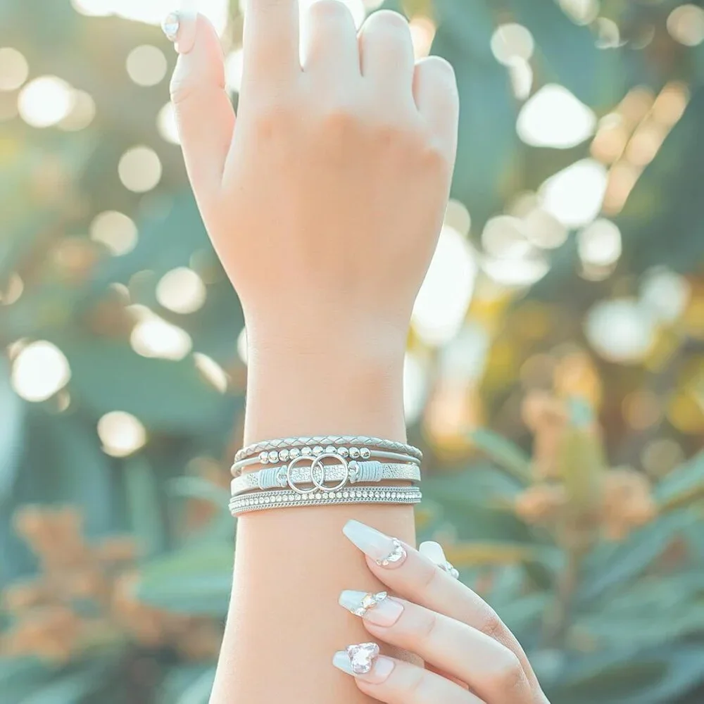 Women's Silver Boho Leather Wrap Stackable Infinity Chunky Cuff Western Bracelet
